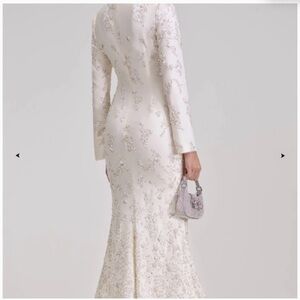 Self-Portrait Cream Floral Long Sleeve Dress White Embellished Midi Dress